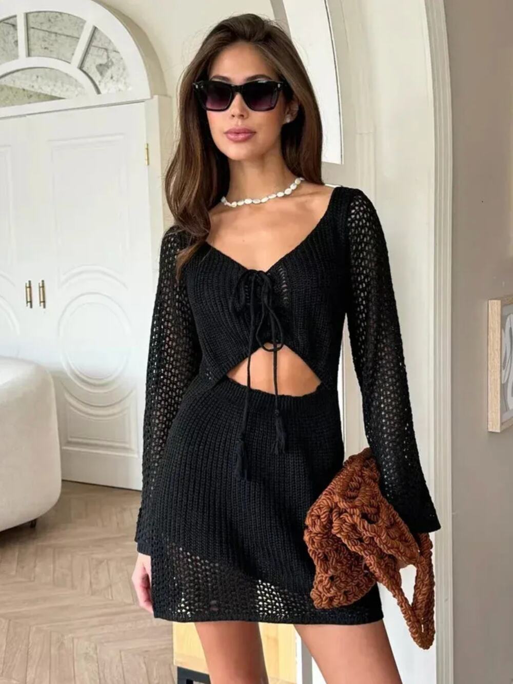 Las Olas Black Crochet Knitted Cut Out Summer Swim Cover Up Dress